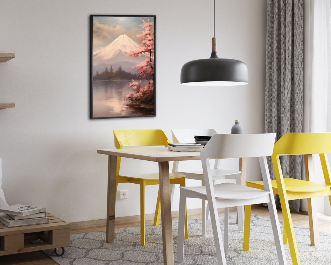 Mount Fuji Cherry Blossom Oil Painting Lake Serene Spring Poster - Image 2