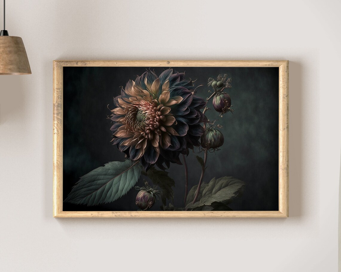 Moody Vintage Copper Dark Bloom With Buds on Black Background Art Poster - Image 2