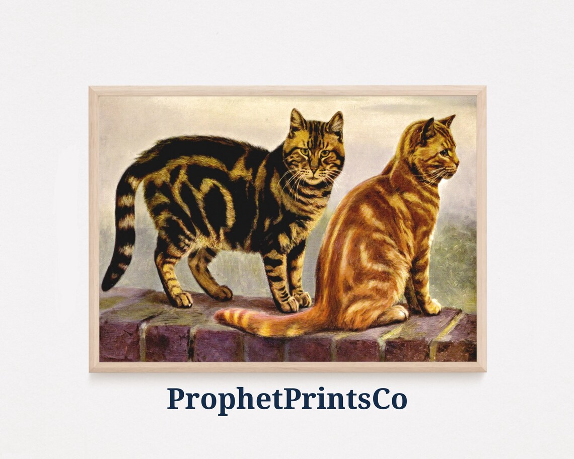 Two Tabby Cats Vintage Painting Brown Ginger Feline Friends Poster