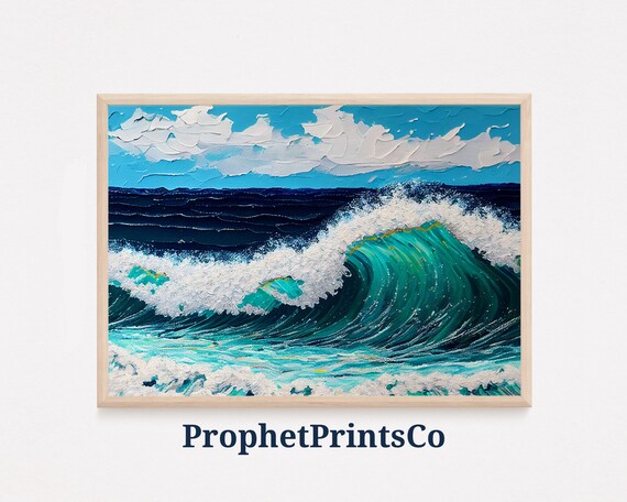 Emerald Wave Curl With White Foam Impasto Cloud Seascape Poster