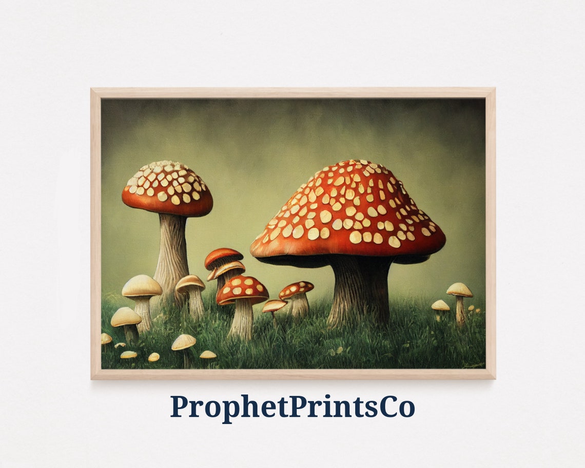 Red Fly Agaric Mushrooms in Grass Vintage Nature Painting Poster