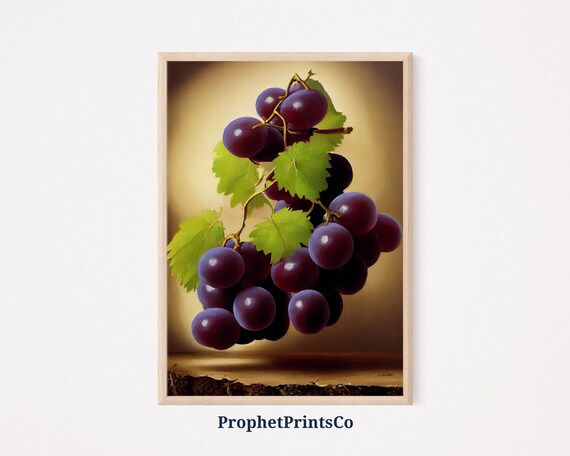 Dark Purple Grapes Still Life Painting With Green Leaves Golden Glow Poster
