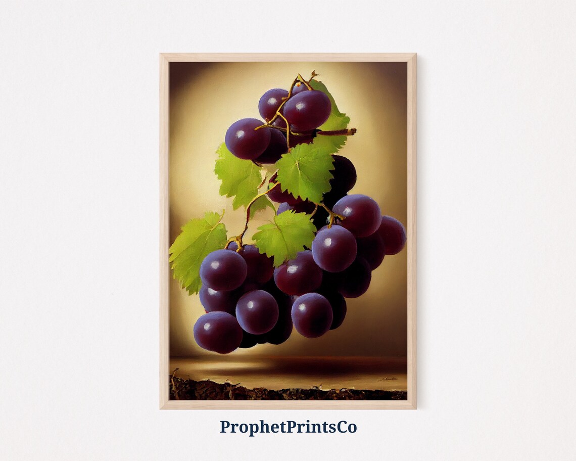 Dark Purple Grapes Still Life Painting With Green Leaves Golden Glow Poster