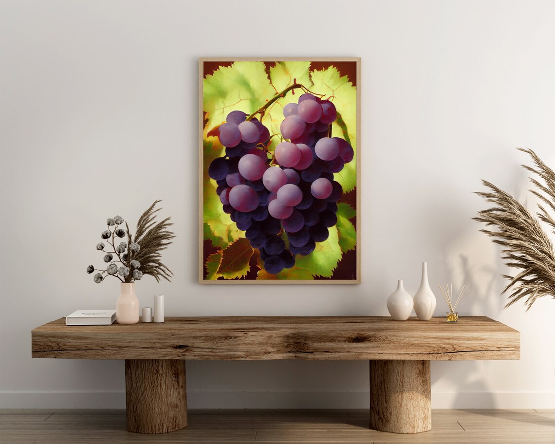 Purple Grape Cluster on the Vine Impressionist Style Painting Art Poster - Image 3