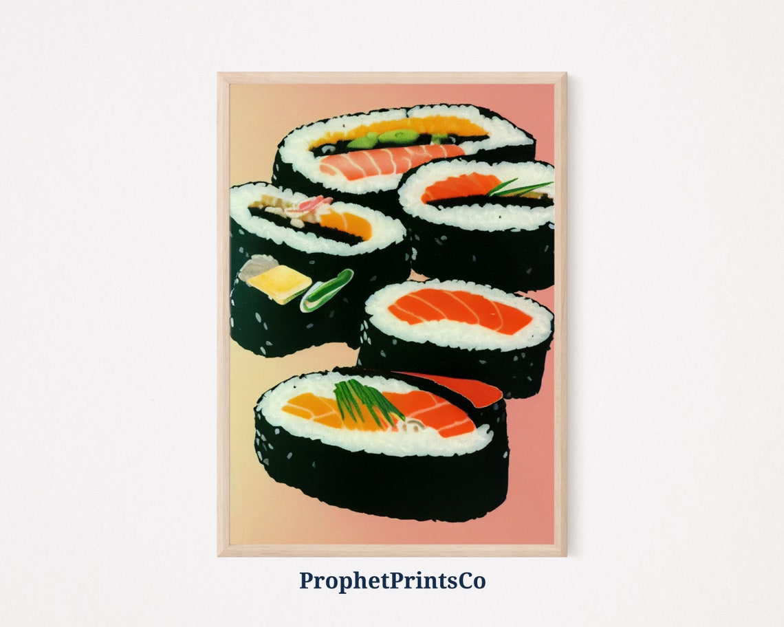 Sushi Rolls Salmon Pop Art Pink Japanese Food Kitchen Wall Poster