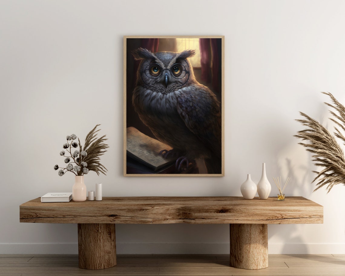 Wise Owl With Glasses Reading Book Library Scholar Bird Poster - Image 3