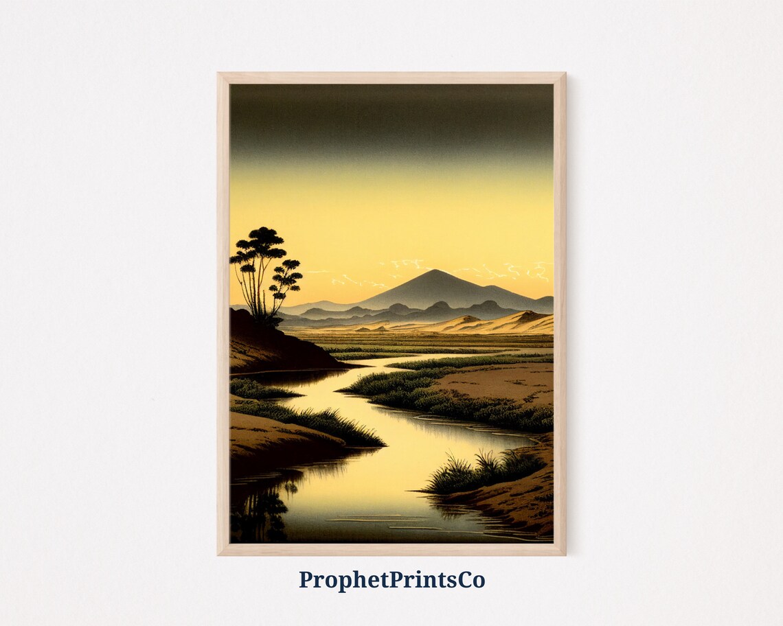 Golden Mount Fuji at Sunset Japanese Woodblock River Scene Poster