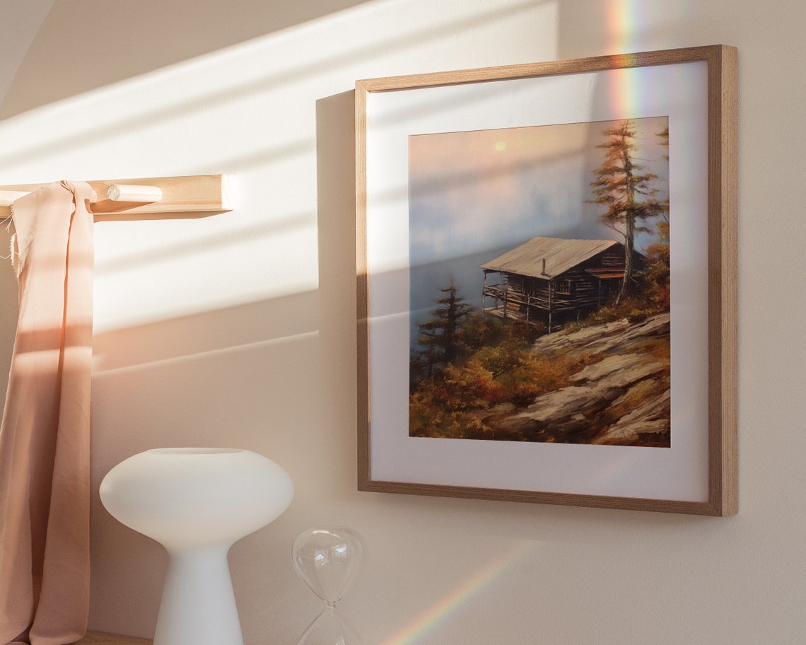 Dark Log Cabin Rocky Clifftop Pines Moonlit Night Oil Painting Poster - Image 3