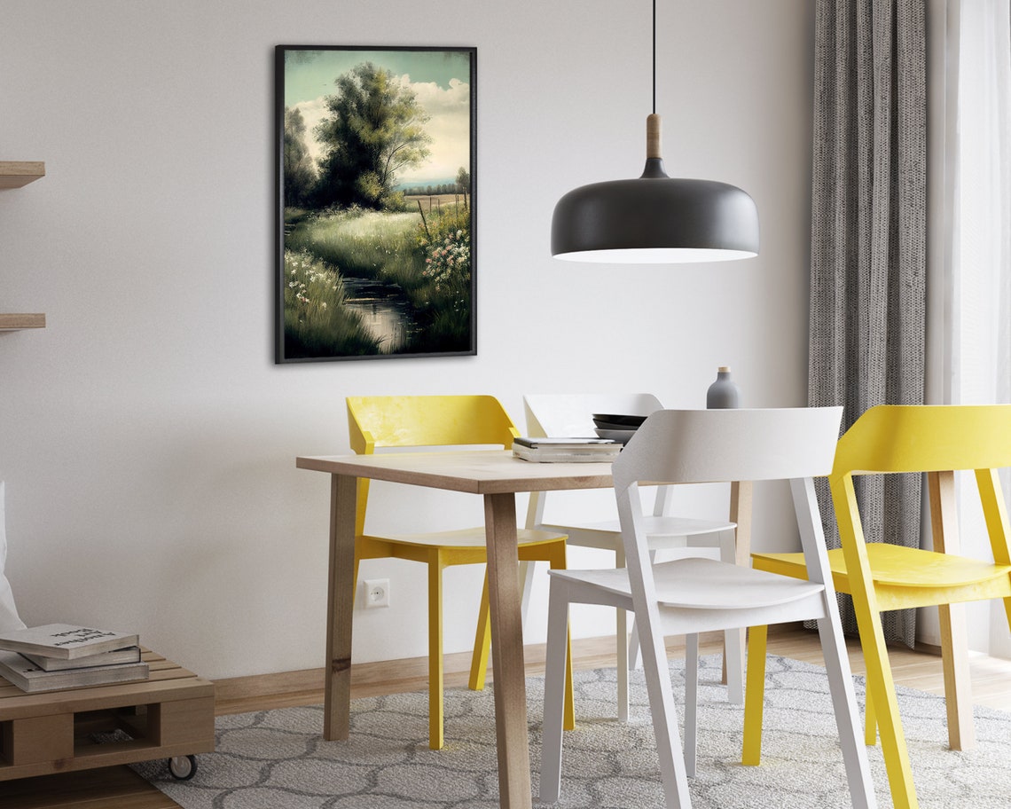 Vintage Meadow Stream Big Tree Wildflowers Countryside Poster - Image 2