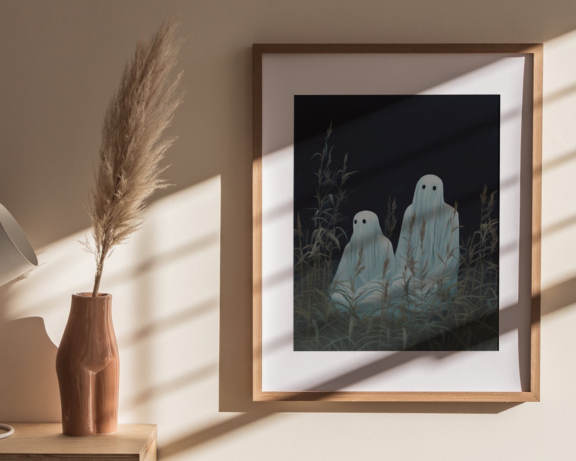 Cute Ghost Couple In Dark Grassy Meadow Night Halloween Art Poster - Image 4