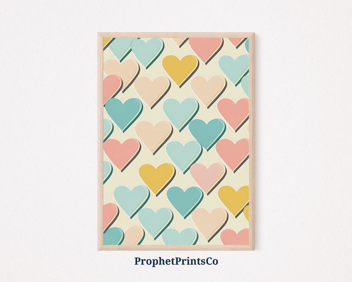 Pastel Hearts Pattern Retro Outlined Teal Pink Mustard Art Poster