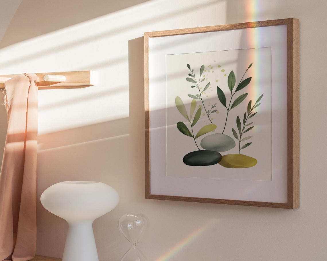 Zen Stones Minimal Watercolor Leaf Sprigs Natural Calm Decor Poster - Image 3