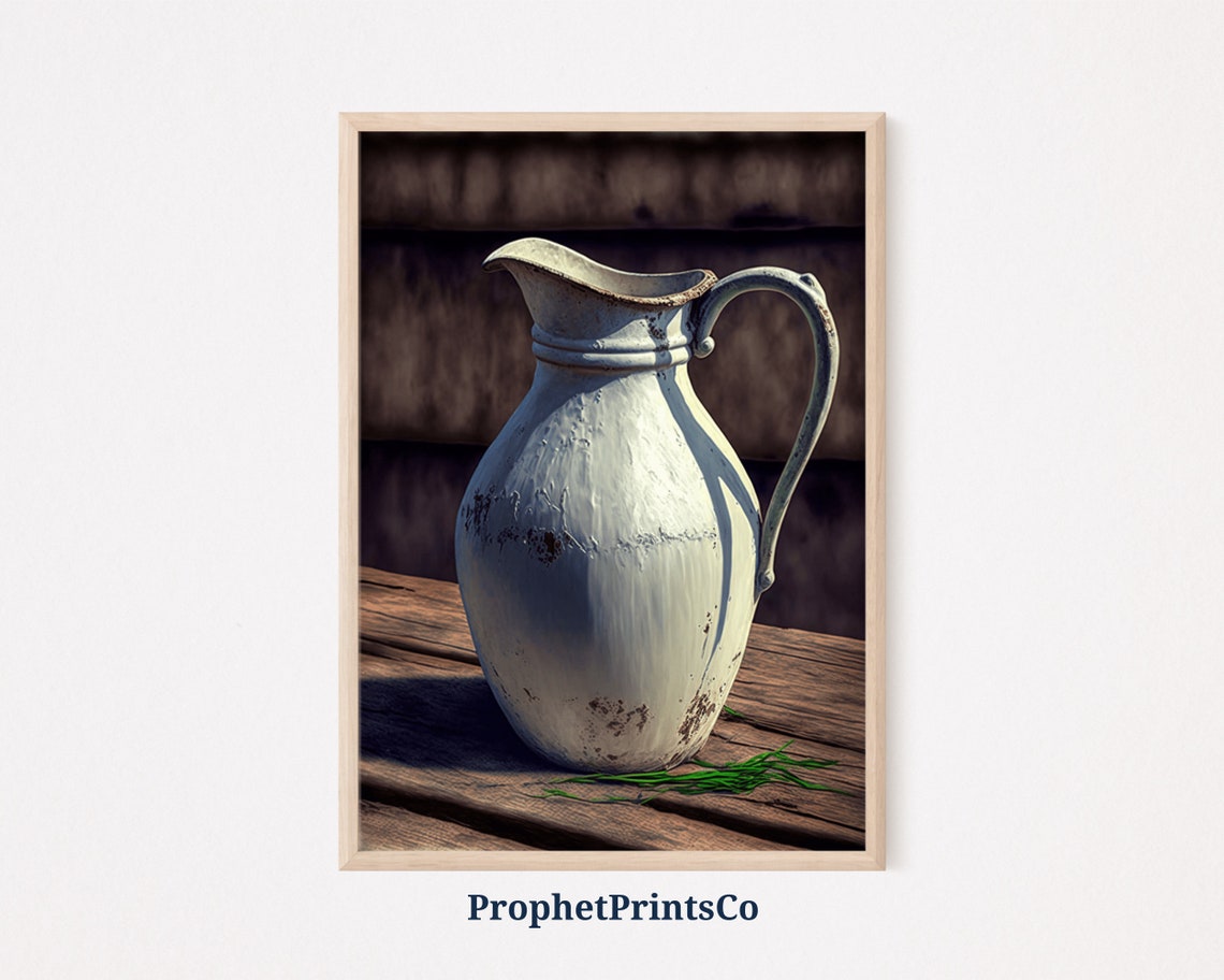 Bright White Enamel Pitcher in Sunlight Rustic Farmhouse Poster