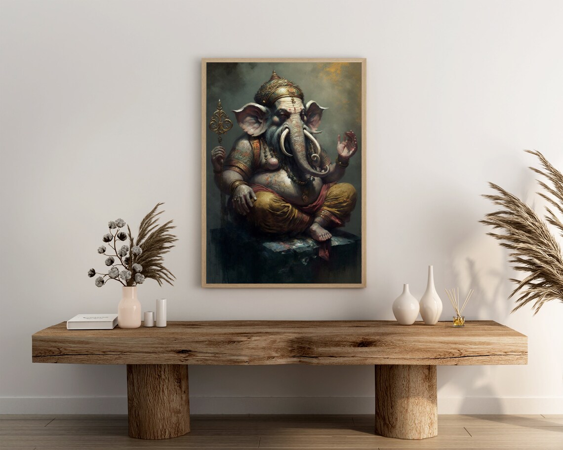 Ganesha Seated With Golden Staff in Ornate Robes Oil Painting Poster - Image 3