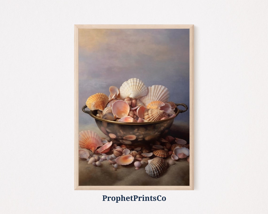 Overflowing Shell Bowl Pink Scallops Beach Sand Still Life Poster