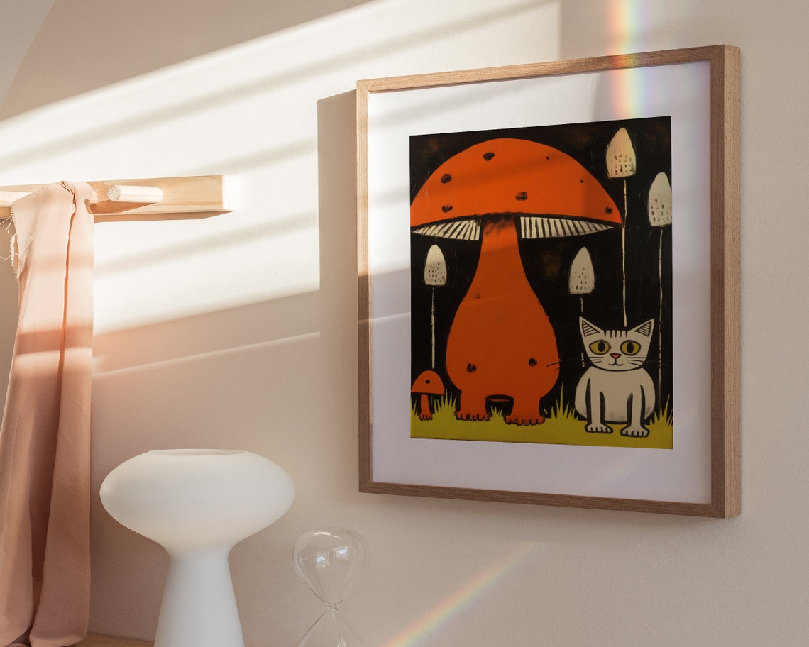 White Cat Beside Giant Orange Mushroom Retro Style Art Poster - Image 3