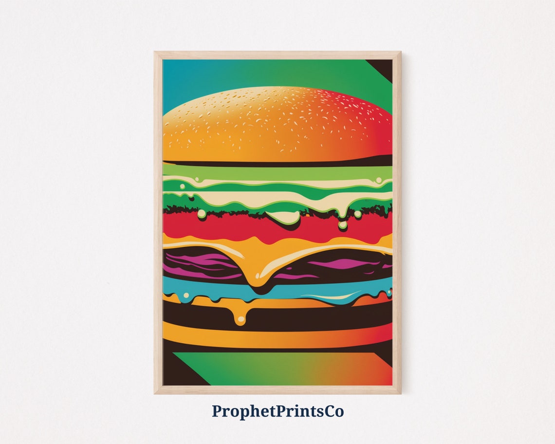 Rainbow Burger Pop Art With Dripping Melted Cheese Layers Fun Poster