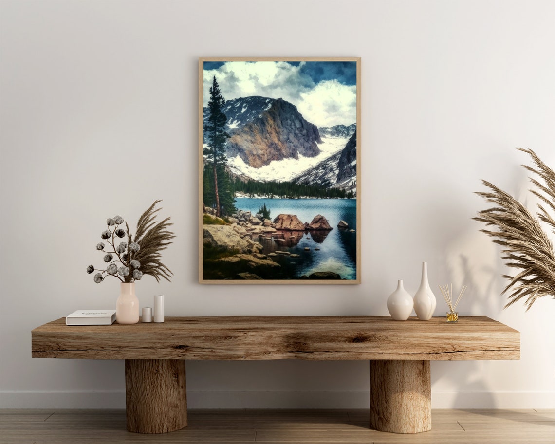 Rocky Snow Mountain Turquoise Alpine Lake Pine Rocks Landscape Poster - Image 3