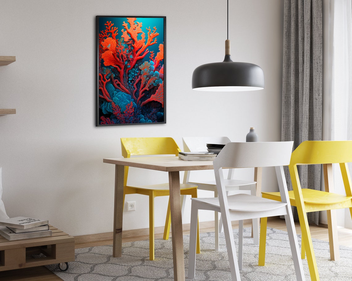 Vibrant Orange Coral Tree Against Teal Underwater Reef Poster - Image 2