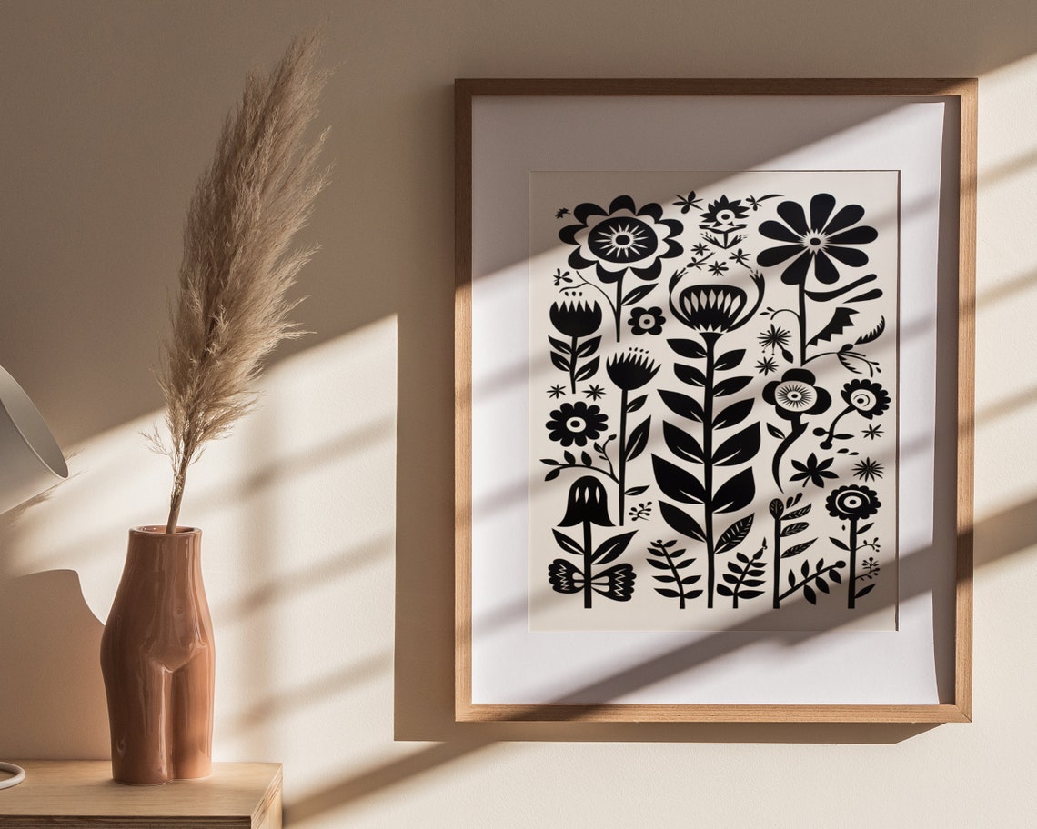 Black and White Boho Folk Floral Pattern Modern Botanical Art Poster - Image 4