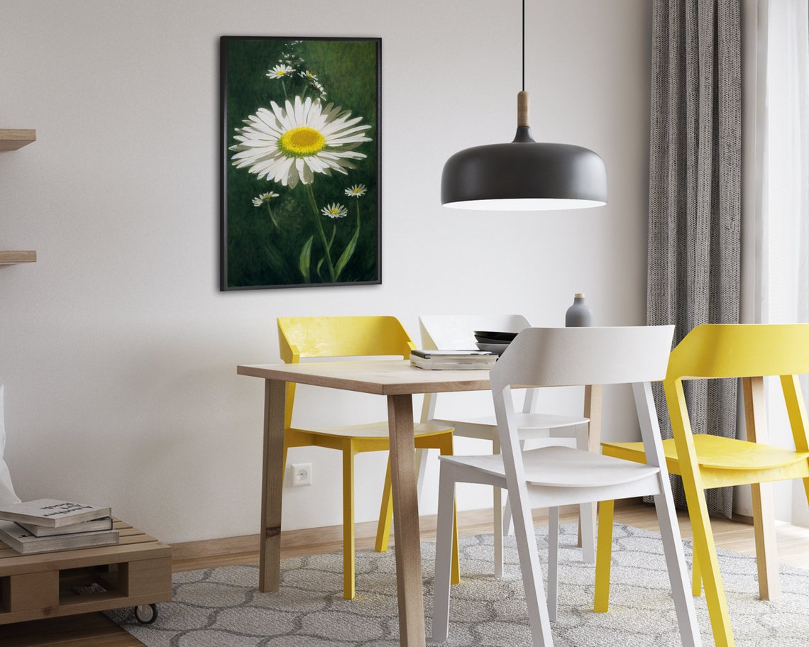 Giant White Daisy Bloom With Buds on Dark Green Background Art Poster - Image 2