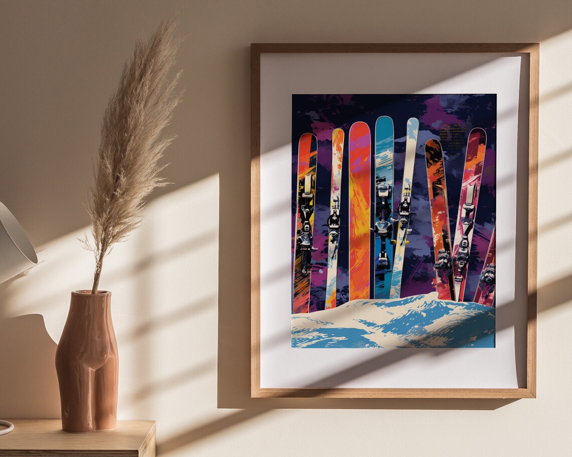 Vintage Skis Stuck In Snow Purple Night Sky Pop Art Winter Poster - Image 4