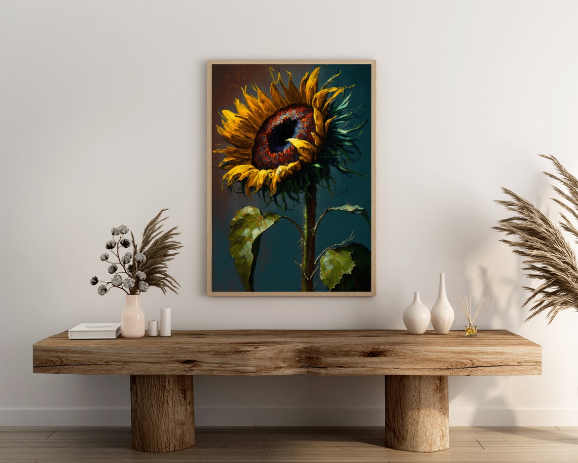Sunflower Oil Painting Poster Dramatic Dark Center on Teal Background - Image 3
