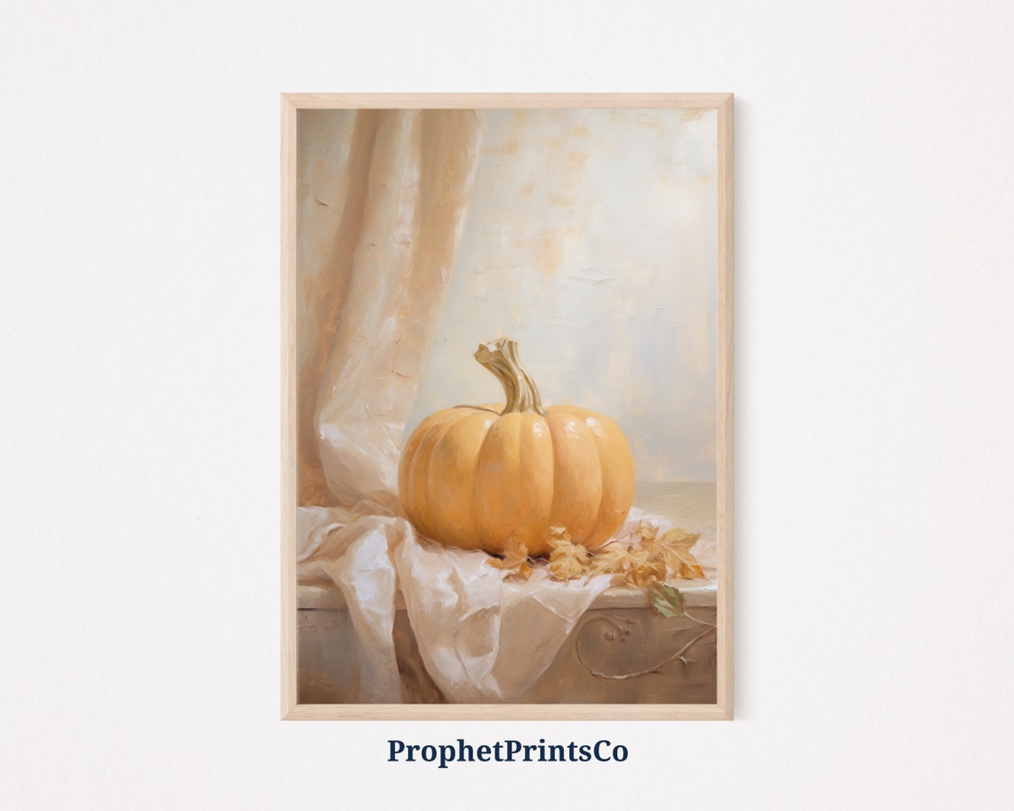Orange Pumpkin With Autumn Leaves Cozy Fall Still Life Poster