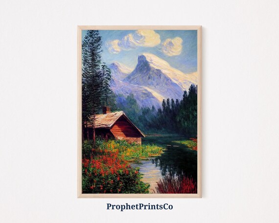 Rustic Cabin by a Lake With Snow Capped Mountain Impressionist Poster