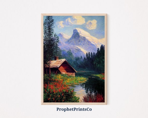 Rustic Mountain Landscape Poster Print Green Vintage Wall Art Inspired By Monet Art Home Dcor Wall Art