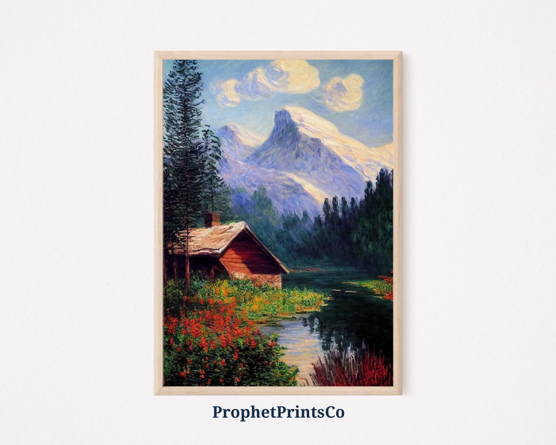 Rustic Cabin by a Lake With Snow Capped Mountain Impressionist Poster