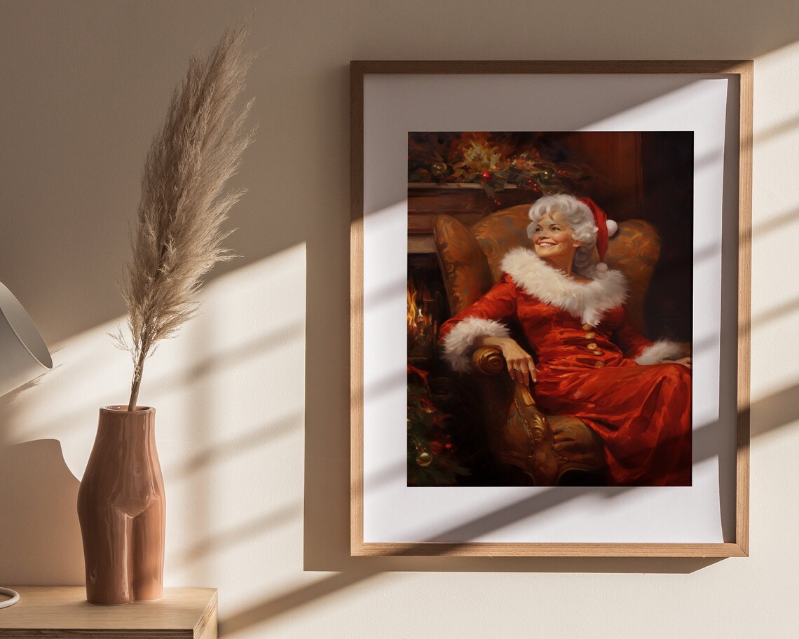 Mrs Claus Relaxing by the Fireplace Vintage Christmas Oil Painting Poster - Image 4