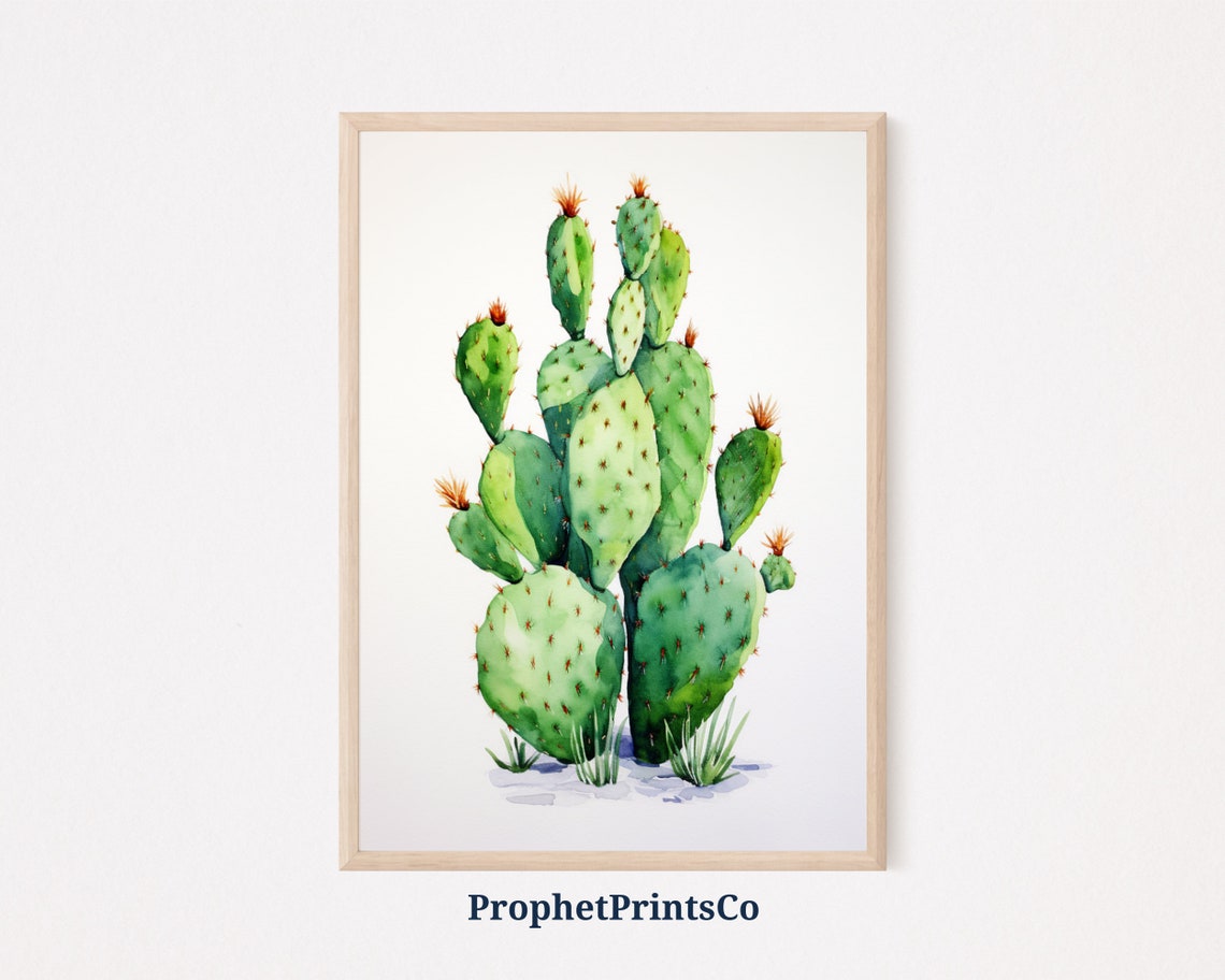 Tall Prickly Pear Cactus Watercolor Minimal Desert Art Poster