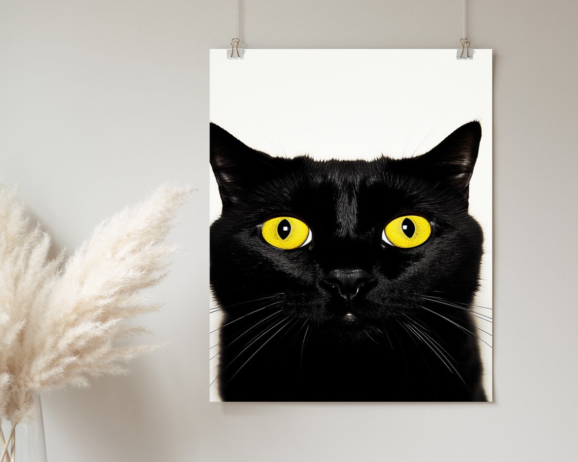 Black Cat Close Up Portrait Bright Yellow Eyes Minimal Poster - Image 2