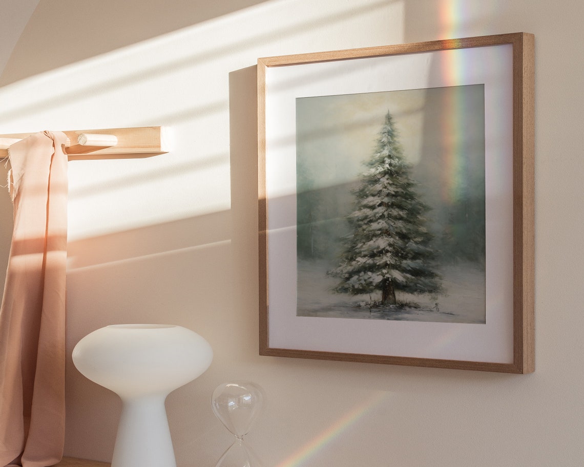 Tall Snowy Pine Tree Winter Wonderland Oil Painting Wall Poster - Image 3