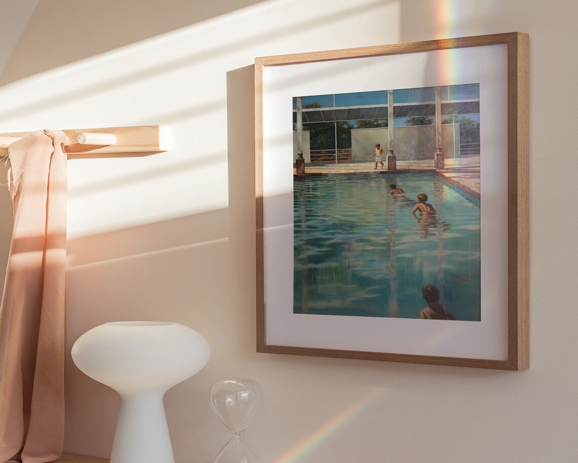 Boys Swimming Grand Pool Vintage Summer Nostalgic Painting Poster - Image 3