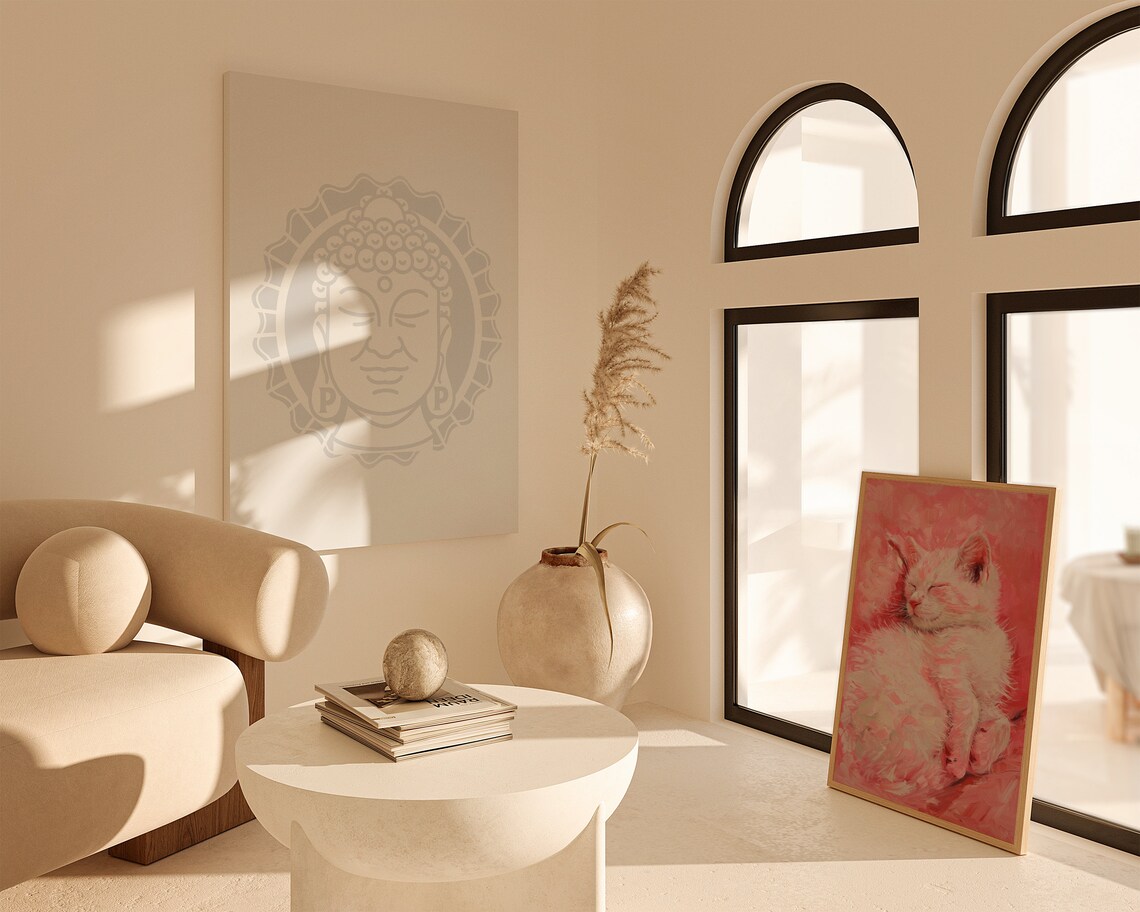 Sleeping Pink Kitten Cozy Oil Painting Sweet Dreamy Nursery Poster - Image 3