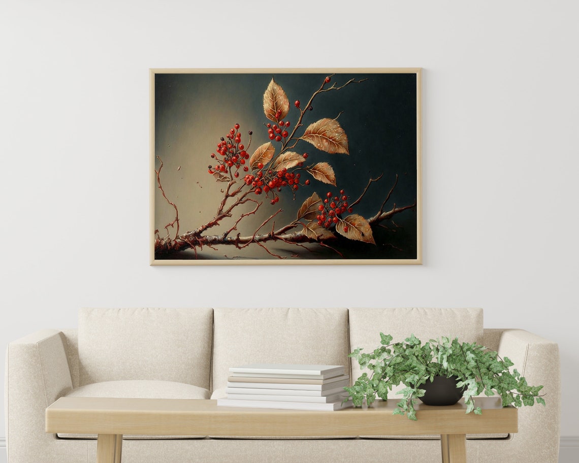 Red Berry Branch With Golden Autumn Leaves Dark Still Life Poster - Image 3