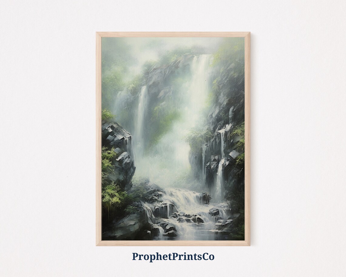 Twin Waterfalls in a Bright Green Forest Oil Painting Poster