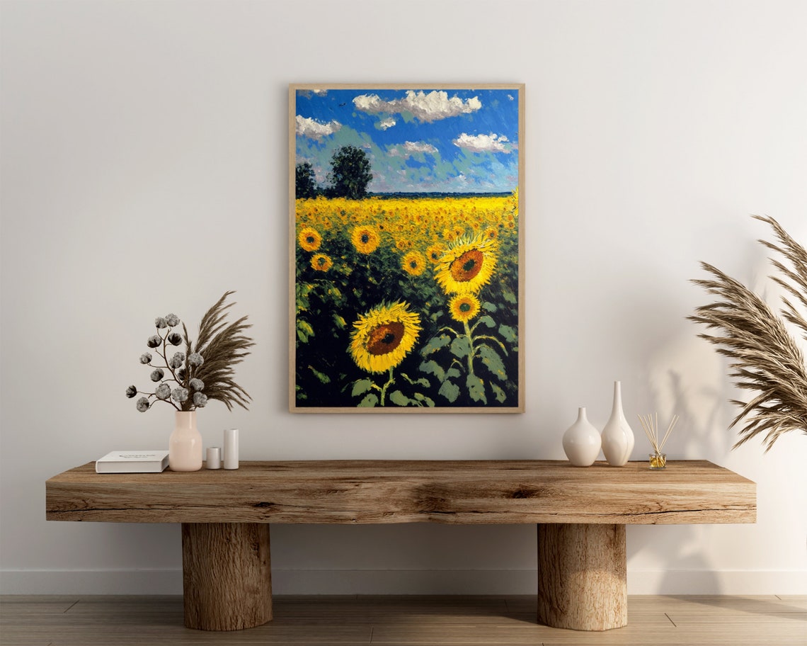 Vast Sunflower Field Under a Bright Blue Summer Sky Oil Style Poster - Image 3