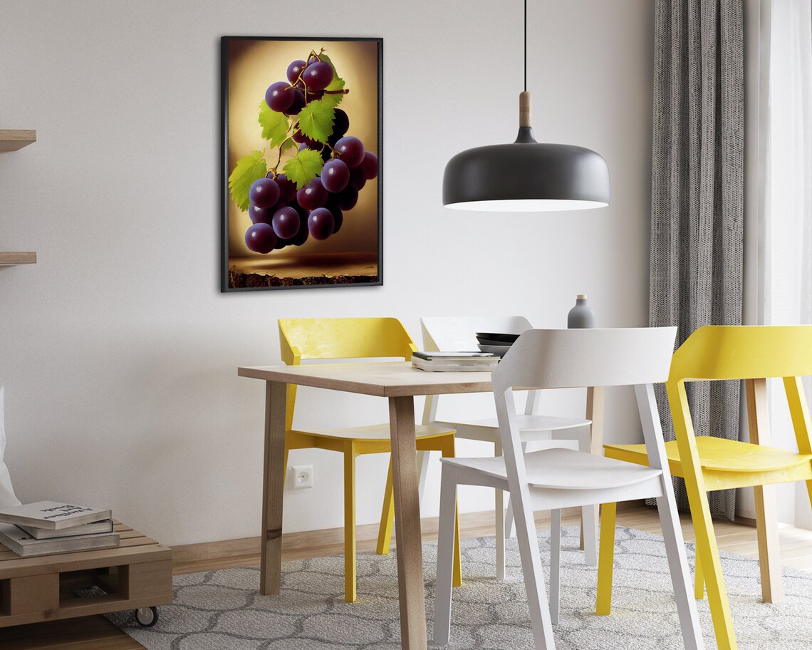 Dark Purple Grapes Still Life Painting With Green Leaves Golden Glow Poster - Image 2