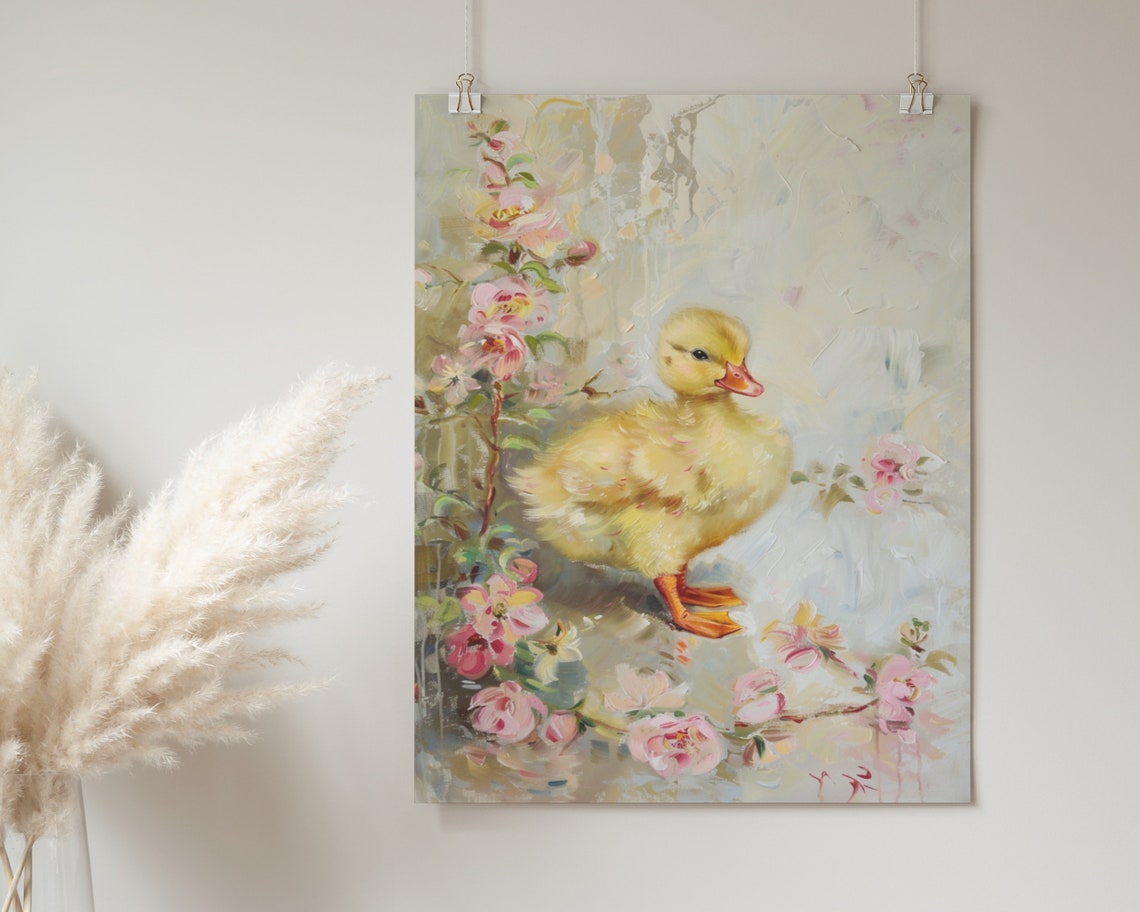 Cute Duckling Pink Blossoms Soft Oil Painting Spring Nursery Poster - Image 2