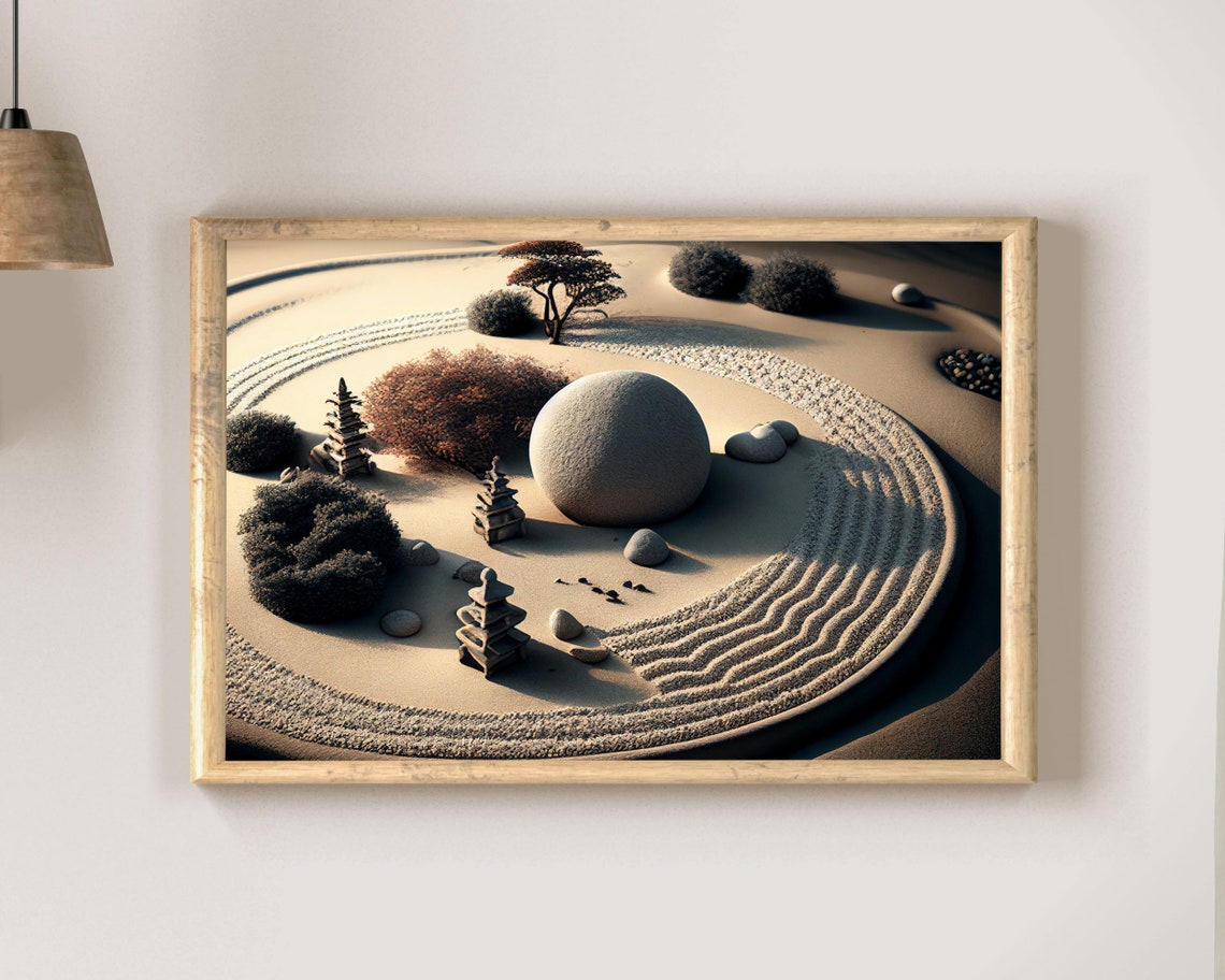 Japanese Zen Rock Garden With Pagodas Raked Sand Circles Poster - Image 2