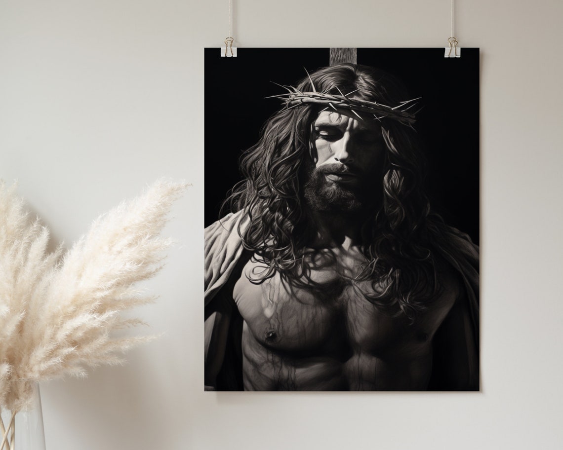 Jesus Wearing Crown of Thorns with Bowed Head Portrait Poster - Image 2