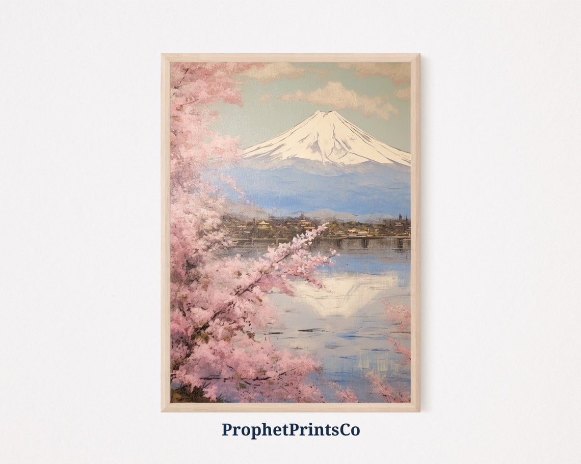 Mount Fuji Sakura Lake Oil Painting Cherry Blossom Reflection Poster