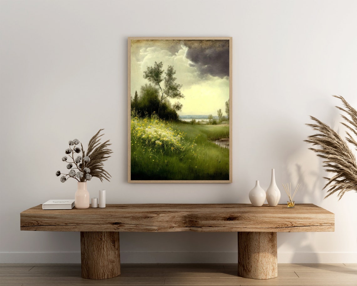 Yellow Wildflower Meadow Lone Tree Storm Cloud Vintage Poster - Image 3