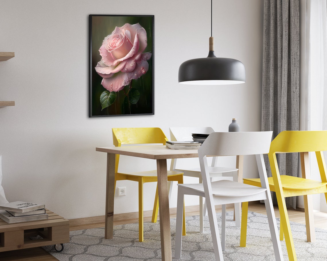 Dewy Pink Rose In Rain Dark Green Background Floral Close Up Poster - Image 2