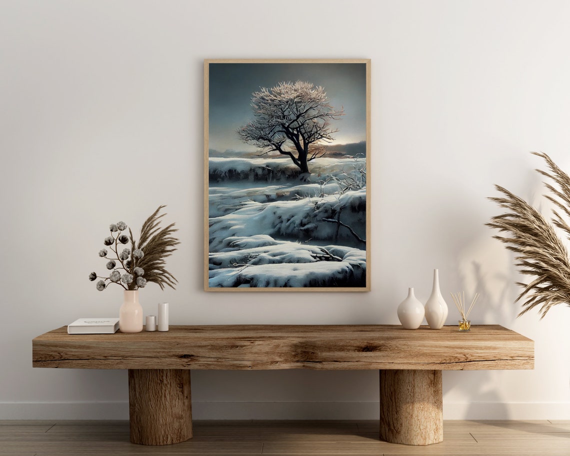 Lone Frost Covered Tree in Snowy Field Moody Winter Art Poster - Image 3