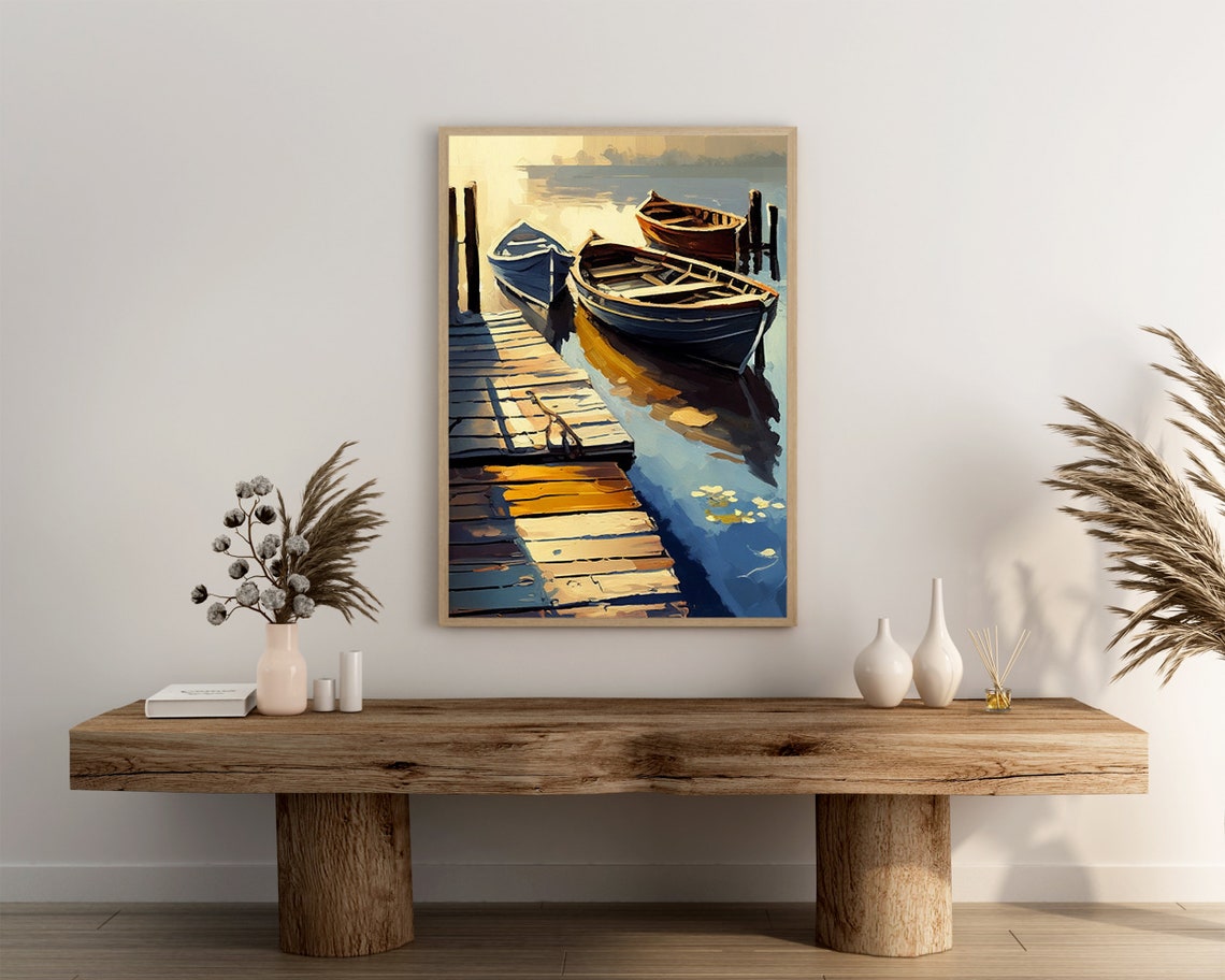Wooden Boats At Misty Harbor Dock Impressionist Nautical Oil Poster - Image 3