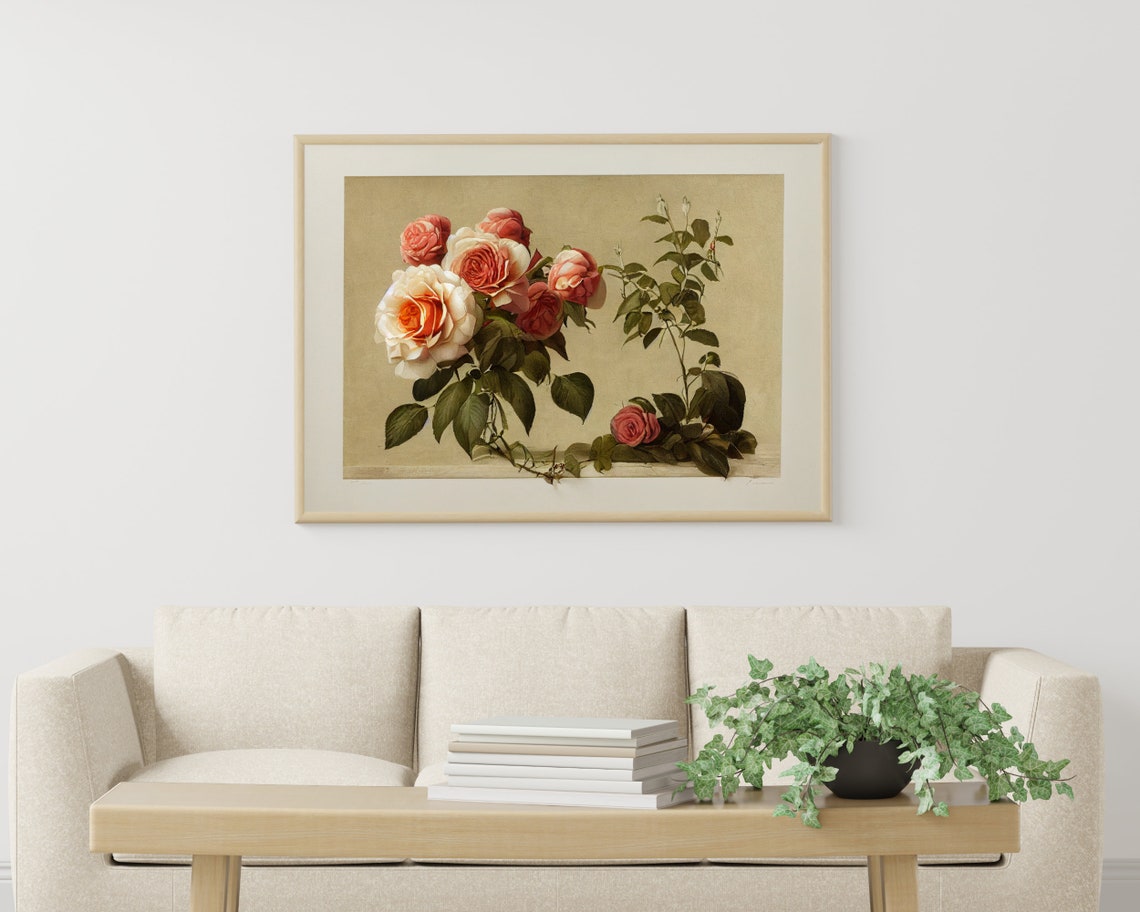 Vintage Peach Rose Bouquet Oil Painting Style Wall Decor Poster - Image 3